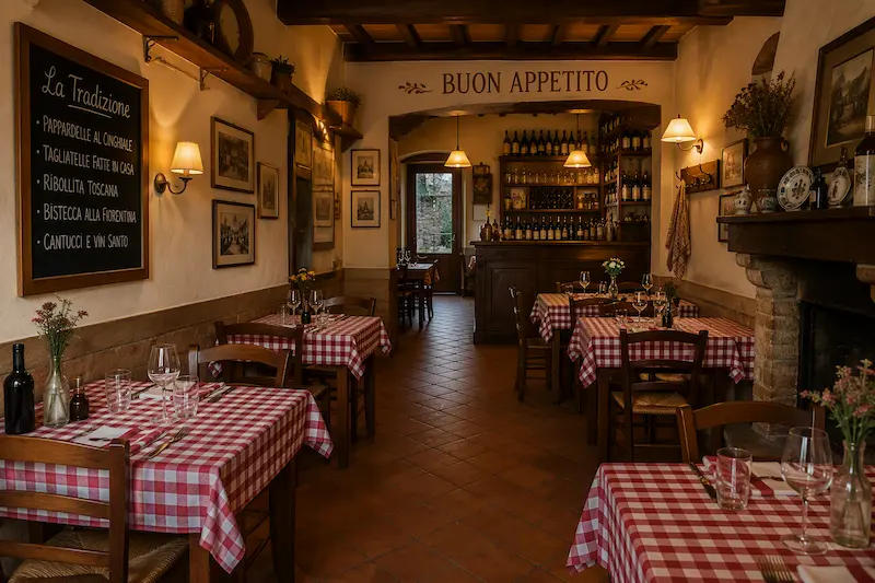 Sala rustica con tavoli apparecchiati, tovaglie a quadretti rossi, travi in legno e camino.