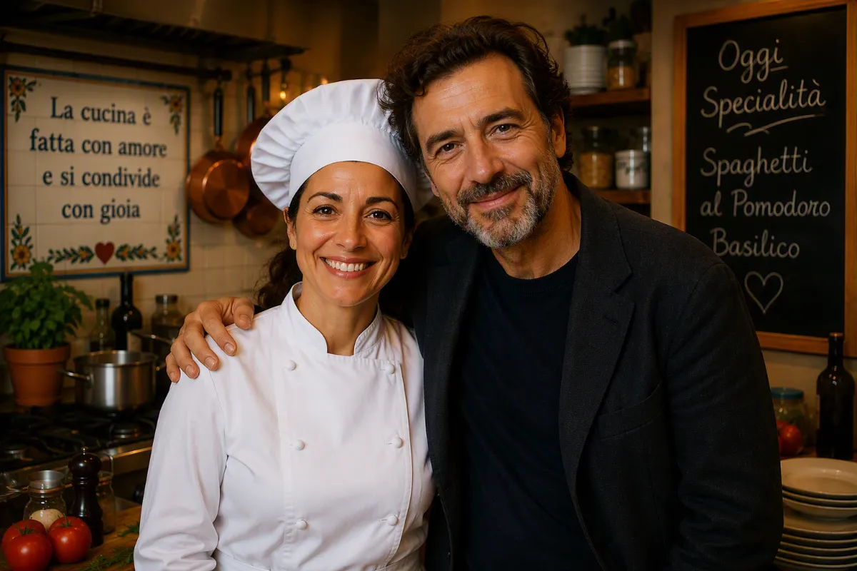 Cuoca in divisa bianca e uomo sorridenti in cucina, tra pentole e lavagna delle specialità.