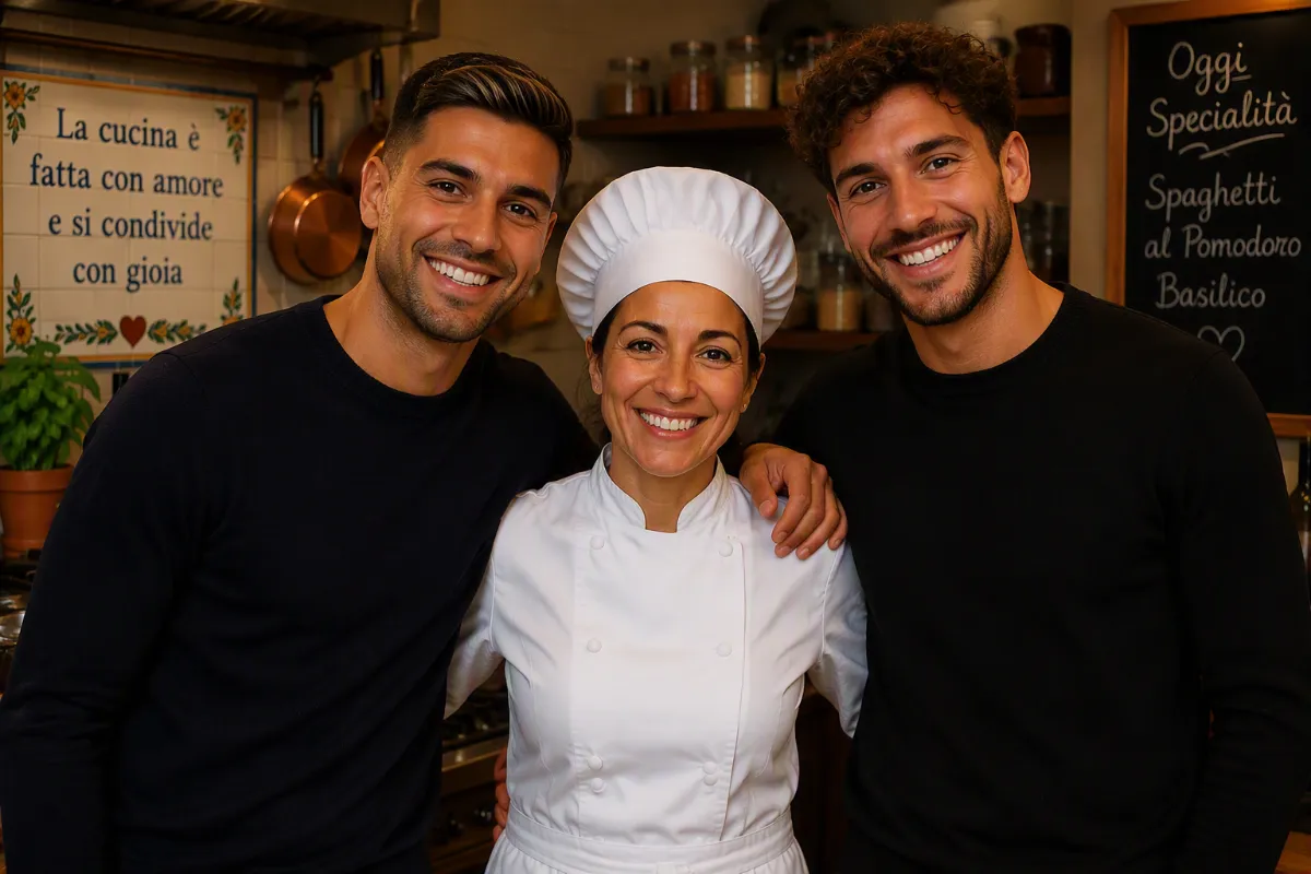 Cuoca in divisa bianca tra due uomini sorridenti, con pentole e lavagna sullo sfondo.