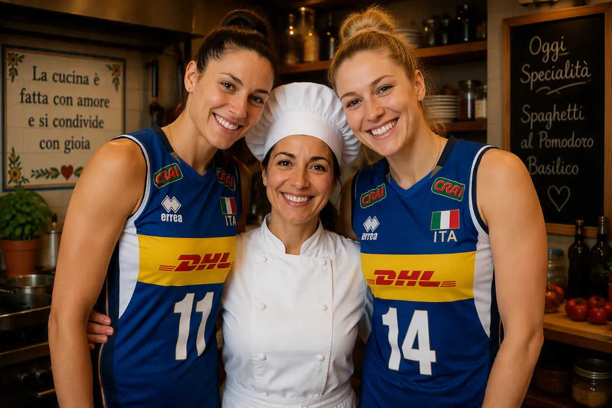Cuoca sorridente tra due donne in divisa sportiva azzurra, nella cucina del ristorante.